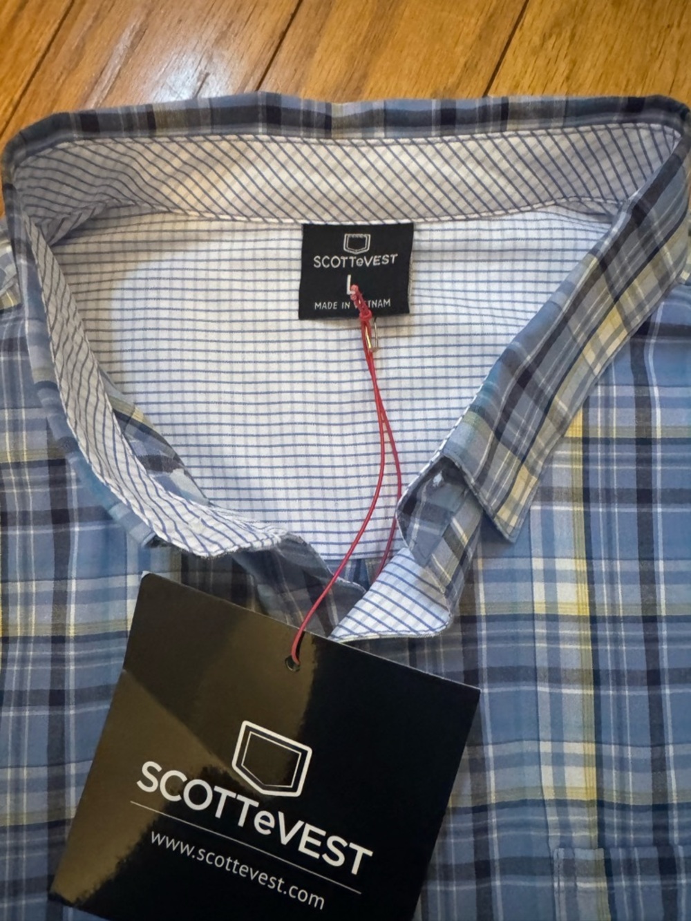 Scottevest Mens Blue Plaid Ozark Button Down Shirt Sz L Casual Office 5 Pocket - Picture 2 of 13